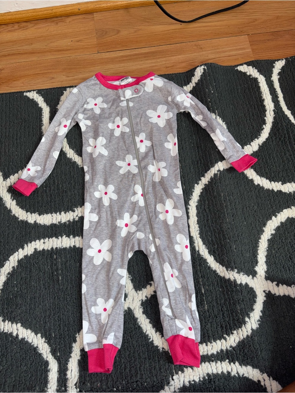 Grey Floral Zip-Front Kids One-Piece with Pink Accents